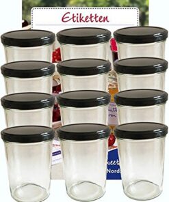 hocz Sturzgläser 12er Set 435 ml mit Schwarz Deckel & 12 Etiketten Marmeladenglas Einmachglas
