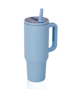 Y·J&H Reisebecher: Doppelwandig, Vakuumbestückt, Edelstahl Kaffeetasse mit Griff und Strohhalm, BPA-Frei, Himmelblau