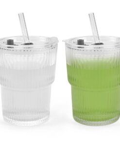 Kleemeiero Glasbecher 2 Stück 400ml Geriffelt für Saft und Kaffee
