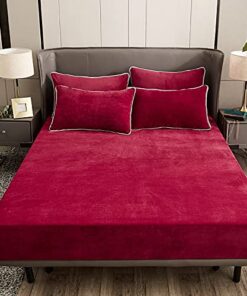 Damier Winter Spannbettlaken 90x200x30cm Rot Weinrot Plüsch Bettlaken Flauschige Cashmere Touch Warme Spannbetttuch für
