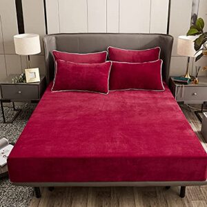 Damier Winter Spannbettlaken 90x200x30cm Rot Weinrot Plüsch Bettlaken Flauschige Cashmere Touch Warme Spannbetttuch für