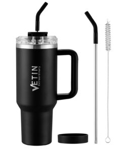 VETIN Schwarz Doppelwandiger 40oz Thermobecher mit Strohhalm und Henkel für Autoreisen und Outdoor-Aktivitäten