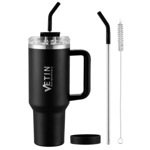 VETIN Schwarz Doppelwandiger 40oz Thermobecher mit Strohhalm und Henkel für Autoreisen und Outdoor-Aktivitäten