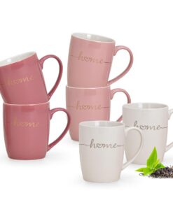 6er Set Porzellan Tassen 300ml mit goldenen Herzen & HOME Spruch - Rosa, Pink, Weiß für Kaffee, Tee, Cappuccino