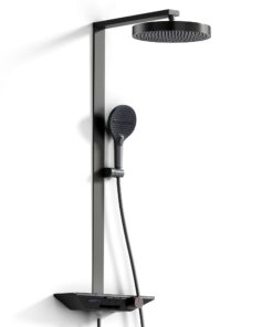 Duschsystem mit Thermostat, Regendusche 30 cm, 3 Strahlarten, Höhenverstellbar, Glasablage, Grau Duscharmatur Komplett