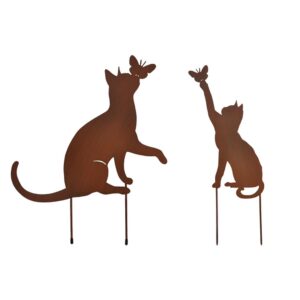 RHHGOPM Edelrost Gartendeko - 2 Stück Rostiges Katze Gartenstecker, deko rostoptik für Garten, Rostfiguren Tiere, Metall