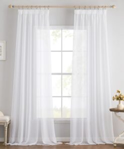 EMEMA Weisslicher 2er Set Transparent Voile Vorhang für Wohn- und Schlafzimmer mit Kräuselband und Dekoschal 140x245 cm