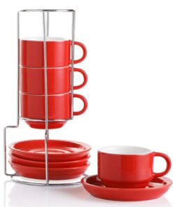 Sweejar Home Porzellan Espressotassen Rot: 120ml Stapelbar mit Untertassen & Metallständer für Kaffee, Tee & Latte - 4er