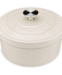 Vancasso Gusseisen Bräter 2L für Brot Backen und Schmortopf - Rund - Creme Weiß - Für Induktion und Alle Other Herdarten