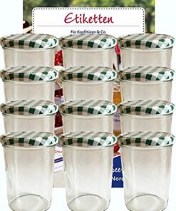 hocz Sturzgläser 12er Set 435 ml mit Grünem Deckel & Etiketten Marmeladenglas Einmachglas