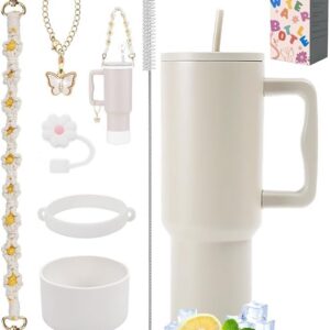 40 oz vakuumisolierte Edelstahl-Doppelwand-Wasserflasche mit Griff & Strohhalm für Reise - 6PCS Zubehör inklusive (Cream