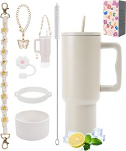 40 oz vacuumisolierter Edelstahl-Doppelwand Tumbler mit Griff und Strohhalm - perfekt für Reisen und Ereignisse (Cream)