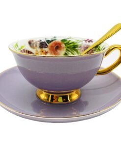 Vintage Keramik Teetasse feines Royal Bone China lila | Elegante Kaffeetasse mit Löffel und Untertasse Set lila | Royal