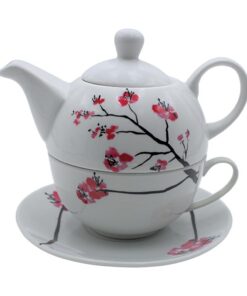 Porzellankanne für Einzelgebrauch: Kirschblüte Teekannen-Set mit Teetasse in Weiß und Rosa