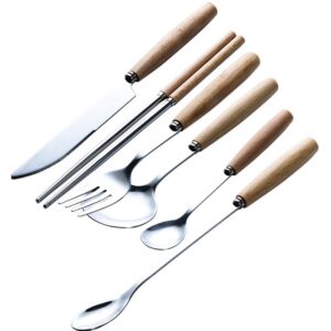 KLLJHB Besteckset, Edelstahlbesteck, Holzgriff, 24-teilig, für Familie,ndern, Messer, Gabel und Löffel, Kaffee-Dessertlö