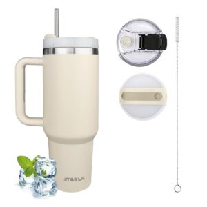 STARLA Thermobecher mit Strohhalm und Henkel für Reise und Arbeit 1,2l groß, 2 Deckel, auslaufsicher, Edelstahl Isolierb