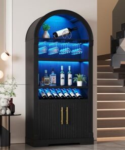 LVSOMT Weinschrank 180cm mit LED-Beleuchtung, 3 Farben Licht und 4-reihigem Rotweinglasregal
