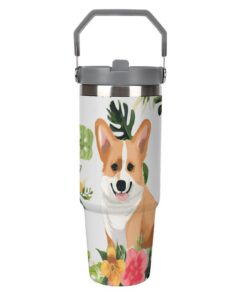NWTRJ Tropisches Blütengewächs und Corgi Trinkbecher mit Obengriff, Edelstahl, vakuumisoliert, für Damen und Herren, 850