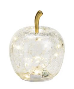 Dekorative Glas Apfel Leuchte mit LED Beleuchtung und Timer für Weihnachtsdeko (Transparent, 7 cm) | Goldener Stiel Dek