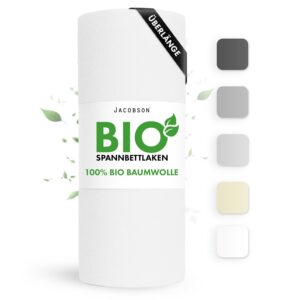 Jacobson Bio Spannbettlaken ÜBERLÄNGE 90x220cm GOTS zertifiziert Baumwolle, 160g/m² Jersey Spannbettlaken (90x220, Weiß)