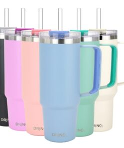 Drinco BigSur Edelstahlbecher Himmelblau - isoliert, mit Griff und Strohhalmdeckel für kalt und heiß, 1,1 l
