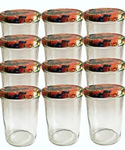 12er Set Sturzgläser 435 ml mit Drehverschluss & Frucht-Deckeln für Marmelade Einmachen
