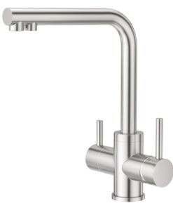 CREA 3 Wege Wasserhahn Küche - 360° drehbarer Küchenarmatur für Trinkwasser, 2 Hebel, Edelstahl, gebürstete Oberfläche,