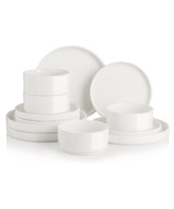 Sweejar Keramik-Geschirr-Set für 4 Personen: modern, spülmaschinen- und mikrowellengeeignet, reines Weiß