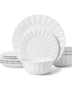 HOMBENE Bone China Geschirrset 12 Stück - Teller Schalen für Pasta Salat, Wellenmuster Geschenkidee