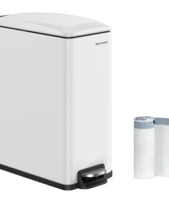 SONGMICS ULTB510W48 Schlanker Mülleimer, edelstahlbezahmt, 50-Liter, mit Soft-Close-Deckel, für schmale Räume, inkl. Tre