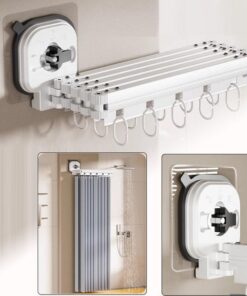 Faltbare Duschvorhangstange mit Duschvorhang + Wandmontage + Badezimmer ohne Bohren + Hochwertige Saugnapf-Sicherheit +