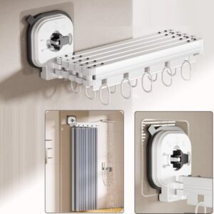Faltbare Duschvorhangstange mit Duschvorhang + Wandmontage + Badezimmer ohne Bohren + Hochwertige Saugnapf-Sicherheit +