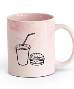 Keramik Tasse 11oz/320ml Fast Food Design (Cola, Hamburger, Schnitzel) Marmorrosa mit komfortablem Henkel
