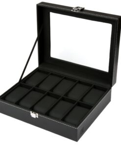 H&S Uhrenbox Schwarz Kunstleder für Damen & Herren - Glasdeckel & Samtauskleidung - Platz für 10 Uhren - Tauglich für Au