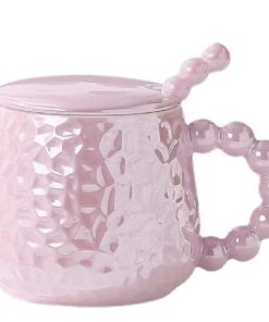 FülleMore 400ml Kaffeetasse mit Deckel und Edelstahllöffel, Süße Perlen Form, Geschenktasse für Weihnachten (Lila) Fül