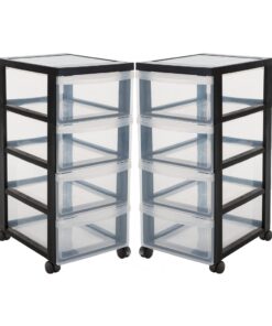Kreher® Bürowagen Set aus Kunststoff, Schwarz-Rahmen-Transparent-Schübchen, 2x4 Schubladig,Rollwagen BxTxH 32x41x68 cm,