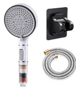 Duschkopf mit Filter Hochdruck 5 Strahlarten für Hartes Wasser und Rest-Chlor, 3-Lagen-Filtration Mineralsteine, 1.5 m S