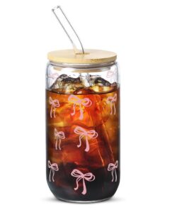 Kayuneed Eleganter 16 oz Glass Tumbler, Coquette Bow Design, ideal für Smoothie, Latte, Macchiato, Whiskey