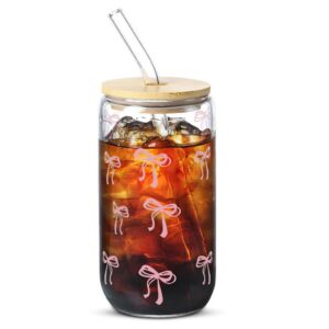 Kayuneed Eleganter 16 oz Glass Tumbler, Coquette Bow Design, ideal für Smoothie, Latte, Macchiato, Whiskey