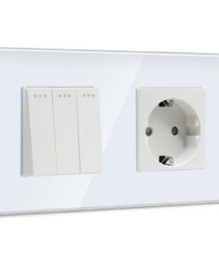 BSEED Lichtschalter mit Steckdose 3-Fach 1-Weg, Kristallglasschutz, Weiß, Physischer Unterputz, 10A, Schuko, Komplett Lö