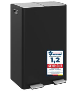 WELLGRO Tretmülleimer Küche 60 Liter - Edelstahl, Schwarz, Mülltrennsystem 2 x 30 Liter WELLGRO Küche Tretmülleimer 60