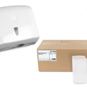 Handtuch-Papierspender Set für ca. 300 Blatt ZZ-Falz und 5000 Stück Handtuchpapier | modernes Design, weiß | inkl. Sicht