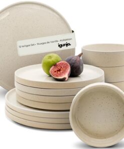 Steingut Geschirr Set Beige Premium Qualität [12 teilig für 4 Personen] Reaktive Glasur Tafelservice matt/glossig