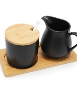 Keramik Milchkännchen Schwarz mit Holz Tablett, Mikrowellen- und Spülmaschinenfest | Milchkännchen Schwarz Keramik und