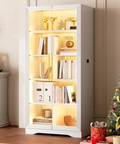 LVSOMT LED Glasvitrine 165cm mit 4 Display Regalen und 3-farbiger Beleuchtung für Wohnzimmer und Flur, Weiß