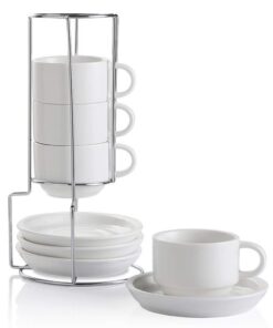 Sweejar Home Porzellan Cappuccino Tassen mit Untertassen und Metallständer, stapelbare Espressotassen für Kaffeebibern,