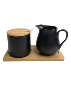 Milch und Zucker Set FüR Zuhause und Restaurant Mit Deckel und Löffel, SahnekäNnchen Zuckerdose Mit Tablett, Schwarz