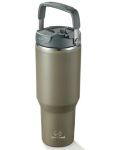 Gpeng isolierter Edelstahl-Trinkbecher, hält Getränke kalt oder heiß über 48 Stunden, Griff, 850 ml, Armeegrün, Strohhal