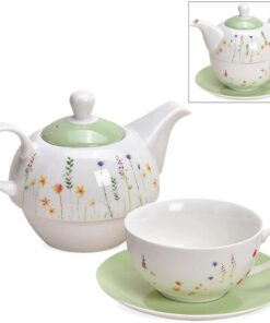 Matches21 Tea for One Geschenkset zarte Bunte Blumen lindgrün Porzellan - Teekanne, Tasse & Teller in Geschenkbox