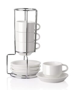 Sweejar Home Porzellan Espressotassen mit Untertassen - Weiß | Kaffeegetränke, Latte, Tee | 4er Set | Stapelbar | Metall